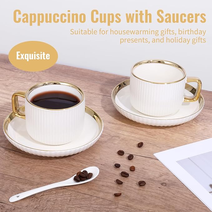 8.5oz Cappuccino Cups with Saucers Set of 6, Ceramic Coffee Cup and Saucer with Gold Rim, Vertical Ribbed Latte Mugs, White Porcelain Tea Cup Set for Wedding, Cafe, Party & Daily Use