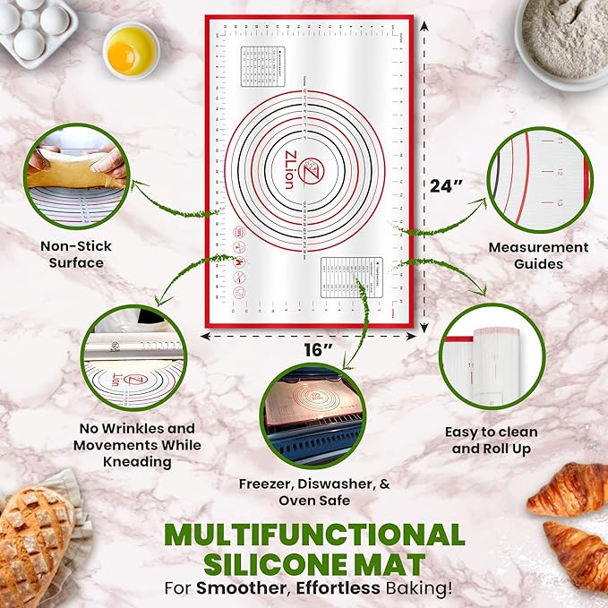 Zlion Rolling Pin with Thickness Rings – Stainless Steel and Corrosion-Resistant Adjustable rolling pin w/Silicone Pastry Mat for Baking Pizza, Dough, Pastry, Fondant, Pasta