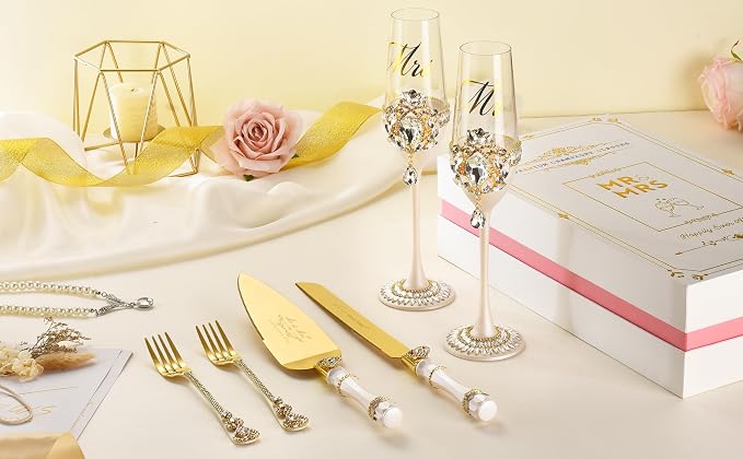 Wedding Cake Cutting Set, Luxury Handcrafted Crystal Champagne Flutes with Gold Petal Rhinestones and Pendant, Wedding Cake Knife and Server Set, Engagement Gifts for Couples, Gift-ready Box