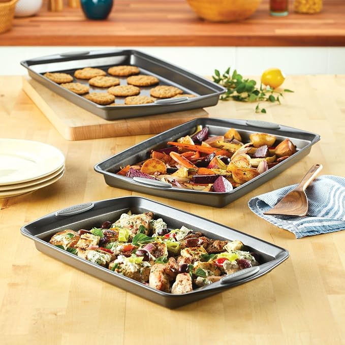 Rachael Ray Bakeware Nonstick Cookie Pan Set, Gray with Sea Salt Gray Silicone Grips, 3-Piece