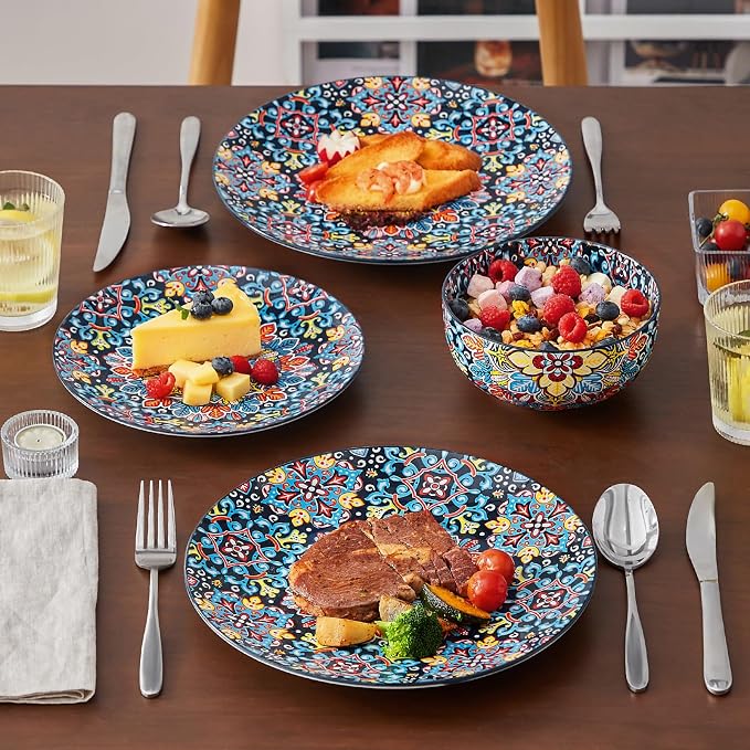vancasso 12 Pieces Dinnerware Sets, Red Plates and Bowls Set, Porcelain Dishes Set for 4, Microwave and Dishwasher Safe, Scratch Resistant, Bohemian Style Dining Ware Service for 4, Series SIMI
