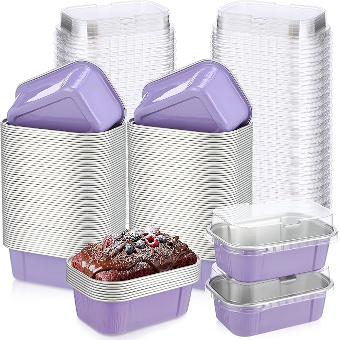 Vesici 100 Sets Mini Loaf Pans with Lids, 5.7 oz Disposable Aluminum Foil Baking Cups, Rectangle Cake Pans for Baking Storage Birthday Party(Purple)