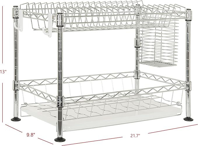 Eyely HSD1002A Brook 24" Adjustable 2-Tier Carbon Steel Rust-Proof Dish Drying Rack with Removable Tray, Removable Utensil Holder, and a Cutlery Holder, Durable and Easy Assembly, Chrome