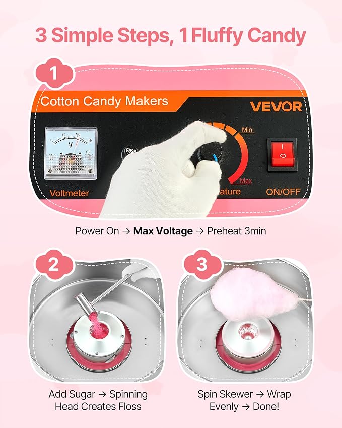 VEVOR Cotton Candy Machine Commercial, 1000W Electric Candy Floss Maker, Easy Use with 15 inch Stainless Steel Bowl and Sugar Scoop, Makes Hard Candy for Home Kids Birthday, Family Party, Pink