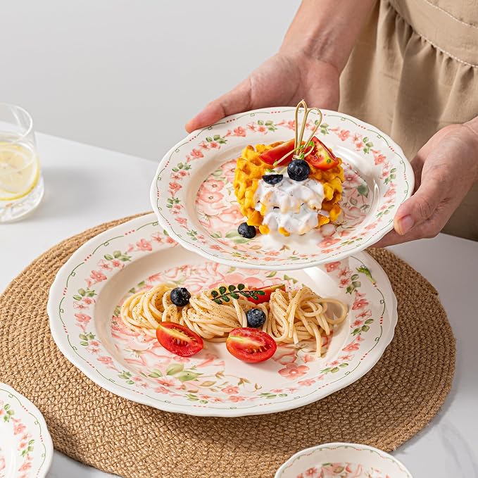 16-Piece Dinnerware Set for 4, Ceramic Plates and Bowls Sets, Microwave & Dishwasher Safe Dish Sets for Daily Use & Gifting, with Morning Bloom Floral Vine Pattern