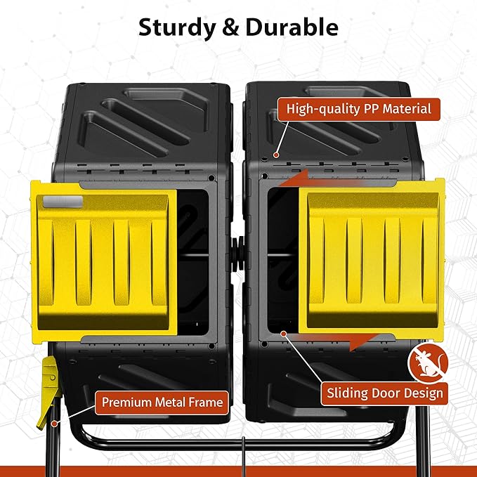 Compost Bin Outdoor, 2 Separate Tumbling Chambers, 37Gal Lagre Compost Tumbler with Sliding Door and Aeration System, 360° Rotating, Tumbling Composter Bin for Kitchen, Garden, Yard, Black Yellow
