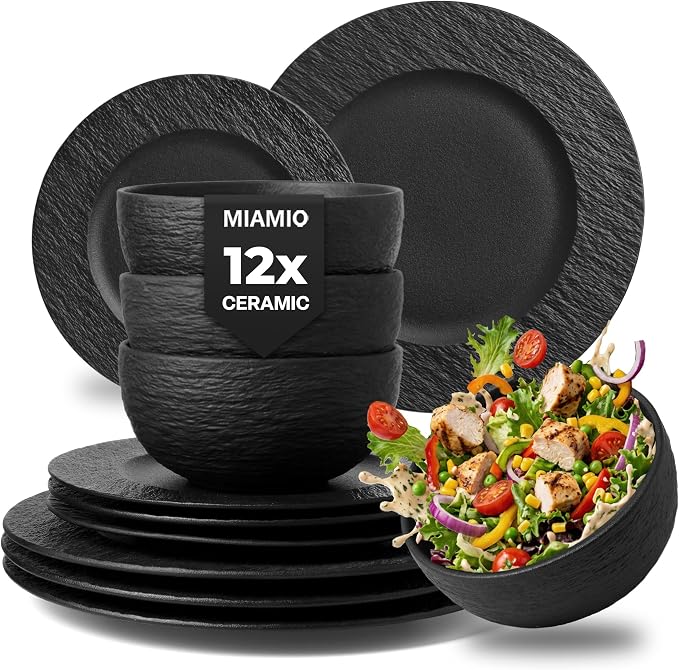 MIAMIO - 12-Piece Dinnerware Set, 4x Dinner Plates (28 cm), 4x Breakfast Plates (23 cm), 4x Bowls (750 ml), 12-Piece Set for 4 People - Microwave and Dishwasher Safe - Oasis Collection (Black)