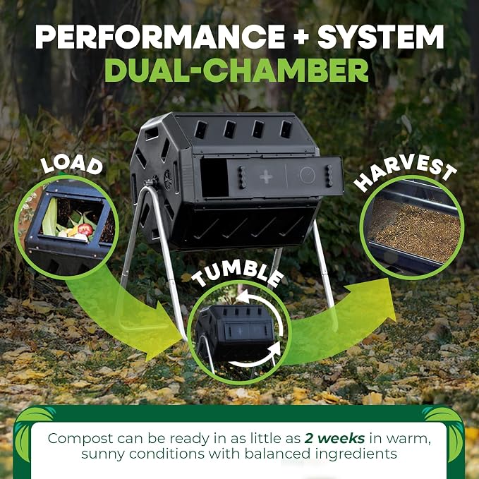 FCMP Outdoor Heavy Duty 37 Gallon 8 Sided Steel Portable Plastic Dual Chamber Tumbling Composter Outdoor Elevated Rotating Garden Compost Bin, Black | 8 Sided Portable Plastic Outdoor Elevated Rotating Garden Compost Bin, Black