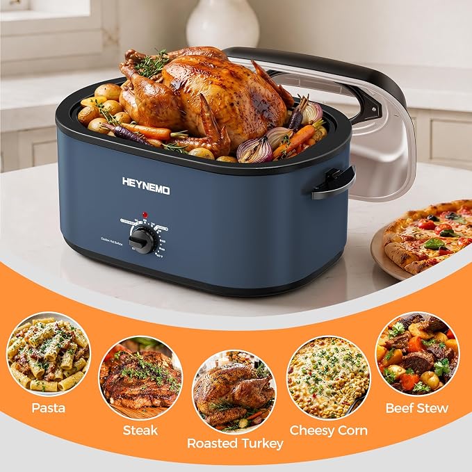 30 Quart Large Turkey Roaster with Defrost & Warm Functions, Electric Roaster Oven with Visible Self-Basting Lid, Adjustable Temperature Control, Removable Pan & Rack, Stainless Steel, Blue
