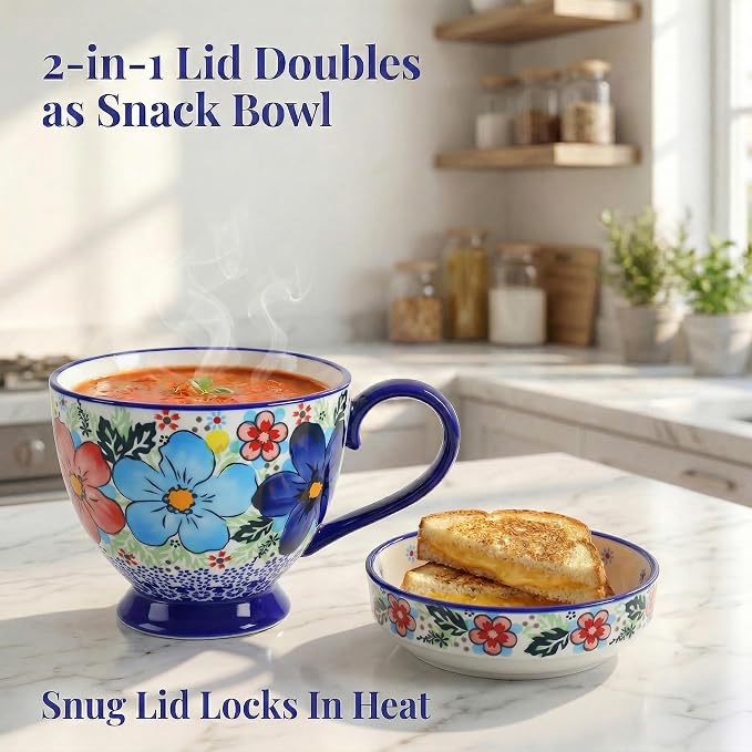17oz Hand-Painted Ceramic Coffee Mugs with Handles & Lids | Decorative Soup or Tea Cup, Includes Saucer, Large Loop Handle, Microwave Safe, Fathers Day Dad Gifts from Daughter Son Wife