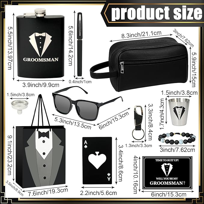 11 Pcs Groomsmen Proposal Gifts - Groomsmen Gift Boxes with Leather Bag，Tuxedo Flask, Funnel，Shot Glasse，Poker Card Bottle Openers, Sunglasses, Bracelet, Card, Pen & Gift Bags for Wedding Party（Black）