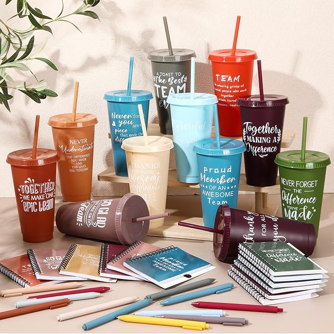 Shellwei 36 Pcs Employee Appreciation Gifts Bulk 24 oz Thank You Tumbler with Lid and Straw Mini Spiral Notebooks and Pens Appreciation Gifts for Team Employee Coworkers Teacher (So Glad)