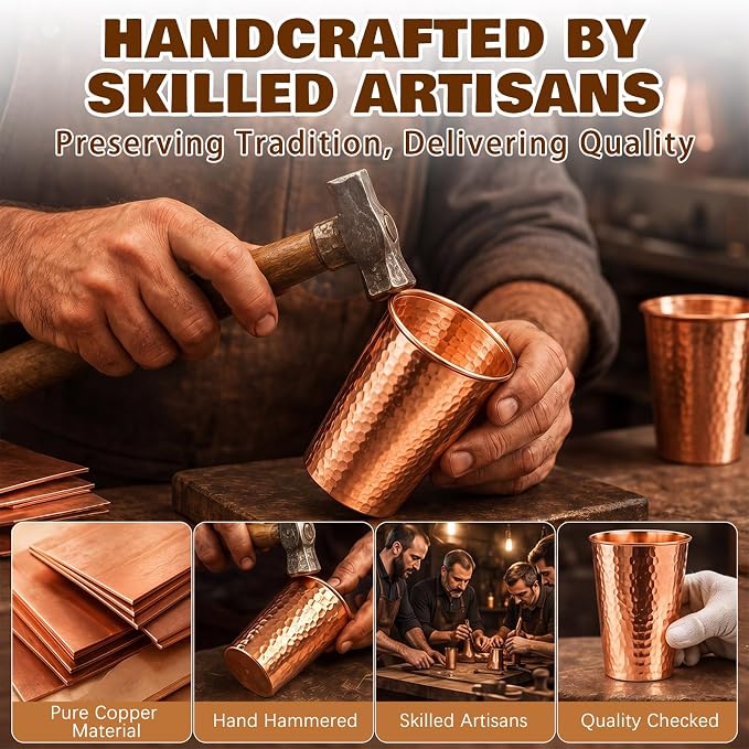 Willinglong 2 Pcs 100% Pure Copper Cup Tumblers 18.5 oz Handcrafted Hammered Copper Cups, Ayurvedic Health Benefits Drinking Vessel for Family Health Water, Cocktails, Iced Tea Glasses(Crimping)