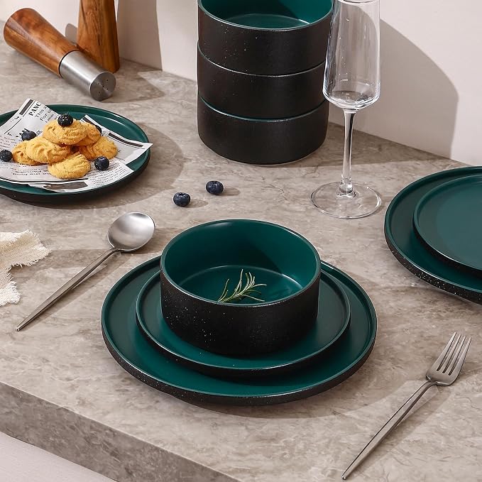 GZG Classic Series - Plates and Bowls Set for 4, 12 Piece Stoneware Dinnerware Sets, Microwave and Dishwasher Safe Lead-Free Handcrafted Ceramic Dishes Set - Malachite Green