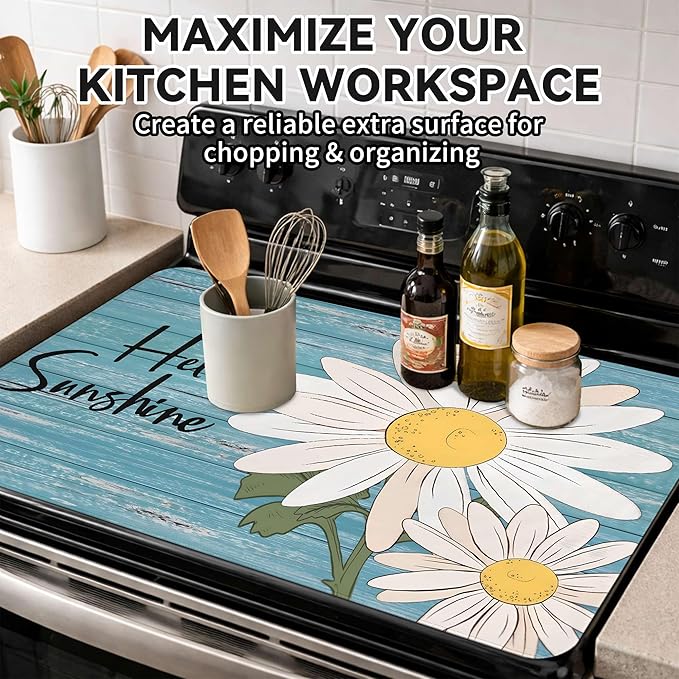 Decorative Stove Top Covers for Electric Stove 28"x20" – Heat Resistant Glass Cooktop Protector Dish Drying Mat – Non-Slip Rubber Backing Washer Top Cover Waterproof Extra Counter Space (Daisy)