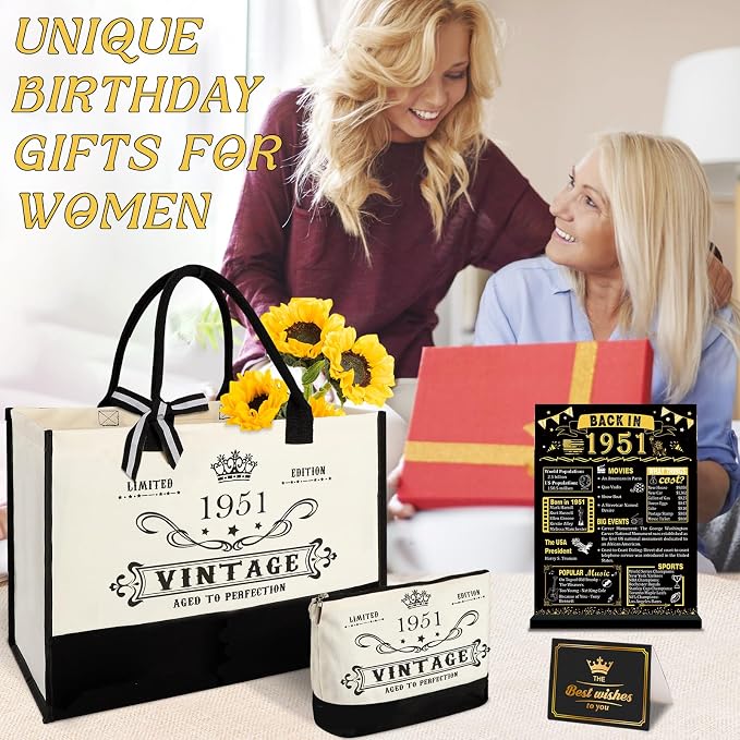 YeohJoy 75th Birthday Gifts for Women Canvas Tote Bag Travel Gear, Unique 75 Years Old Birthday Gifts for Mom Wife Aunt Friends Her, Vintage 1951 Handbag & Cosmetic Bag & Back in 1951 Poster