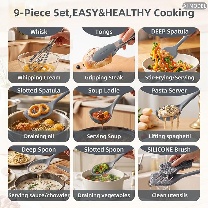 Kitchen Utensils Set,9 PCS Silicone Cooking Utensils Set Spatula Set,Tongs,Spoon,Whisk,Brush,Dishwasher Safe Kitchen Gadgets for Non-Stick Cookware,Home Essential，Kitchen Appliances Tool(Gray)