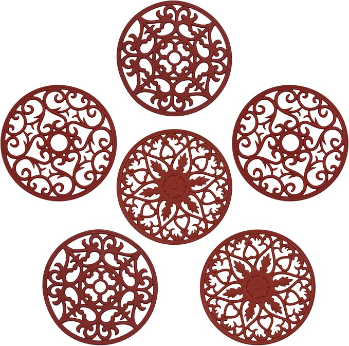 Trivets for Hot Dishes, Silicone Trivet Hot Pads for Kitchen Tabletops, Silicone Trivets for Hot Pots and Pans on Countertops, Round Heat Resistant Mat for Pot Holder Set of 6 Burgundy