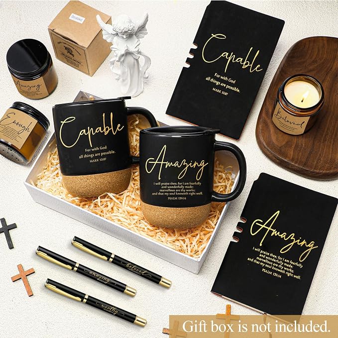 FillTouch 6 Set Christian Gift for Men 15 oz Bible Verse Ceramic Coffee Mug A6 Leather Journal with Pen and Scented Candle Religious Gift for Church Pastor Sunday School(Black)
