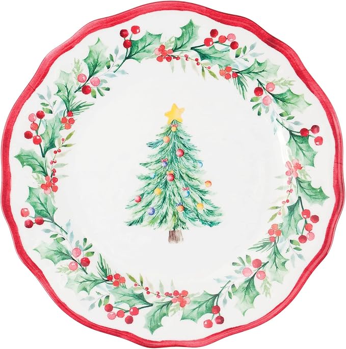 UPware 12 Piece Christmas Tree Melamine Dinnerware Sets, Outdoor Dishes Set, Plates and Bowls Sets, Christmas Decorations, Service for 4, Red