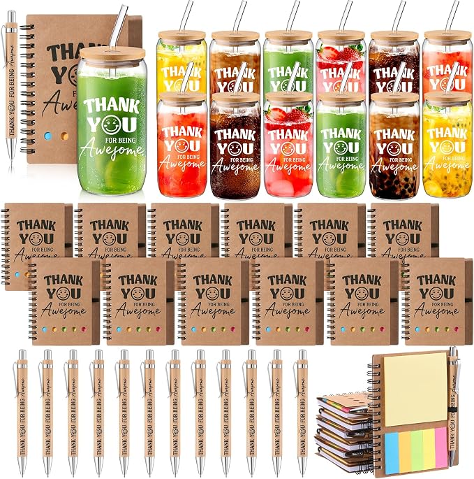 Skylety 12 Set Back to School Teacher Gift Bulk Thank You for Being Awesome Staff Appreciation Gifts 16 oz Glass Cups with Lids Straws Spiral Notebooks Note Pens for Employee Team Coworker Nurse