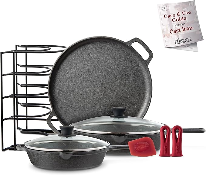 Cuisinel Cast Iron Cookware Set - 6-Pieces Pre-Seasoned Kit: 10"+12" Skillet + Glass Lids + Pizza Pan + Pan Rack Organizer + Silicone Handle Covers + Scraper/Cleaner - Grill, Camping, Indoor/Outdoor