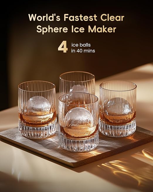 ecozy 2" Clear Ice Ball Maker Countertop with CrystalFlux Technology, 4 pcs in 40 Mins, 144 pcs/Day, Sphere Ice Maker with Enhanced Insulation, Automatic Water Supply, Self-Cleaning for Whiskey Bar