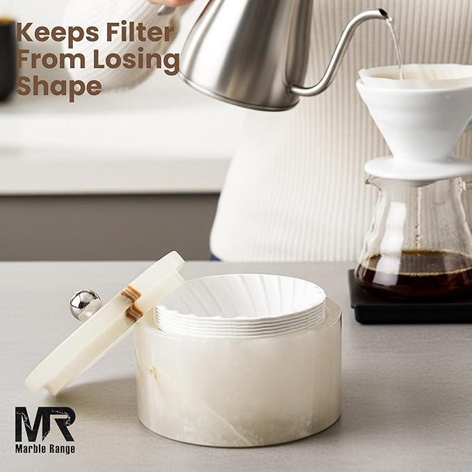 Marble Coffee Filter Holder – 6 inch Handmade White Onyx Coffee Filter Holder with Lid, Storage Organizer for Kitchen Countertop & Bar Decor
