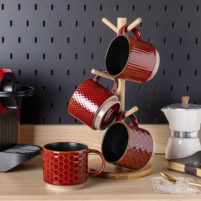GBhome 15OZ Stackable Coffee Mugs Set of 4, Ceramic Coffee Cups with Texture Patterns for Man,Woman. Elegant Mugs Set for Latte/Cappuccino/Cocoa. Dishwasher&Microwave Safe, Red