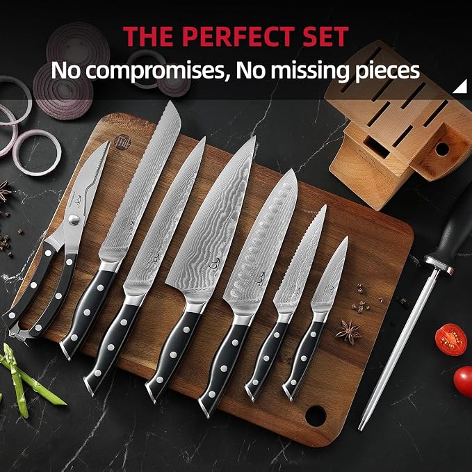 NANFANG BROTHERS 9 Pieces Damascus Kitchen Knife Sets with 67-Layer Japanese Damascus Steel, ABS Ergonomic Handle, Professional Ultra Sharp Knife Sets for Chefs with Beechwood Block