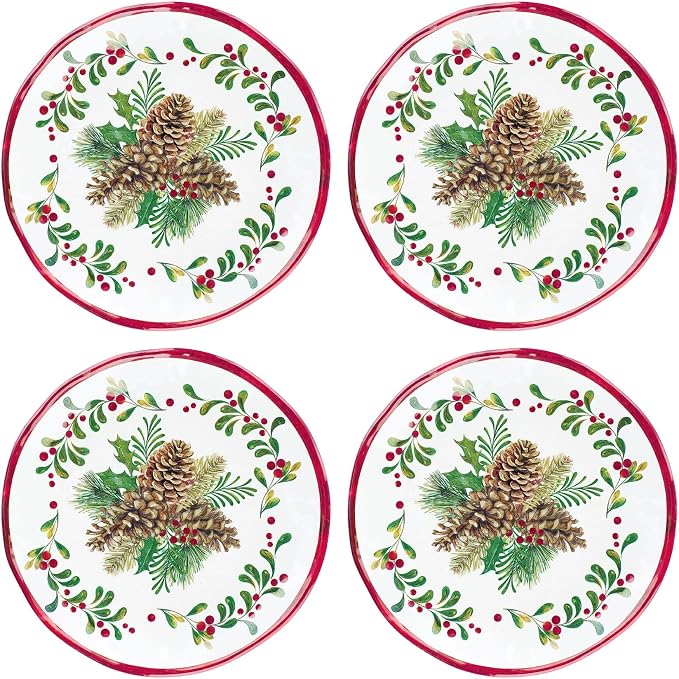 UPware 16 Piece Pinecones Melamine Dinnerware Sets, Outdoor Dishes Set, Plates and Bowls Sets, Christmas Decorations, Service for 4, Red