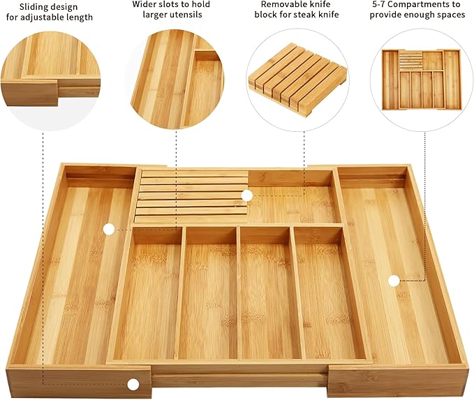 VaeFae Bamboo Silverware Drawer Organizer and Acacia Silverware Caddy Bundle