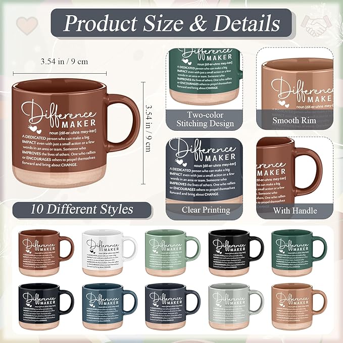 Didaey 10 Sets Difference Maker Appreciation Gifts Set 13oz Inspirational Ceramic Coffee Mugs A6 Leather Notebooks Ballpoint Pens Bulk Thank You Gifts for Employees, Staff, Nurses, Team Members