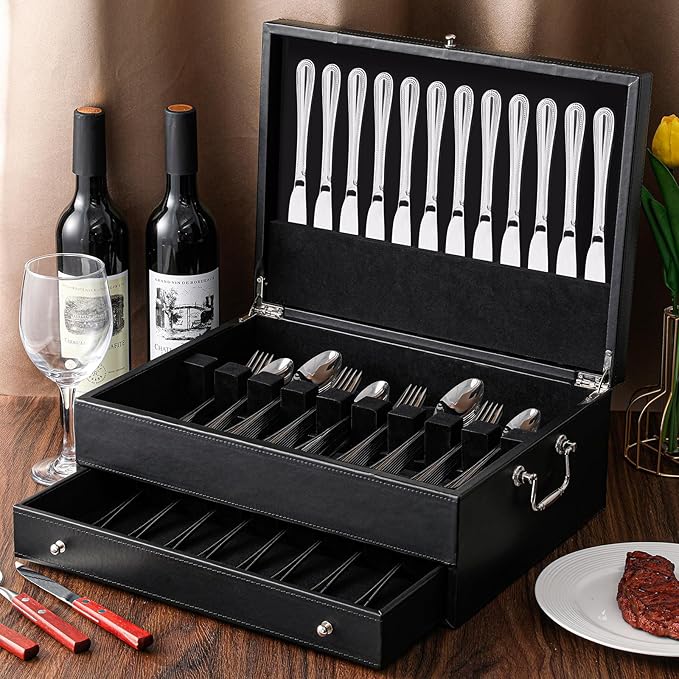 DoubleFill 2 Layer Leather Silverware Storage Box with Lid and Handles, Anti Tarnish Silverware Storage Chest Case with Felt-lined for 12-16 or More Sets of Utensils Flatware Gifts, 15.3x11.2x5.7 Inch