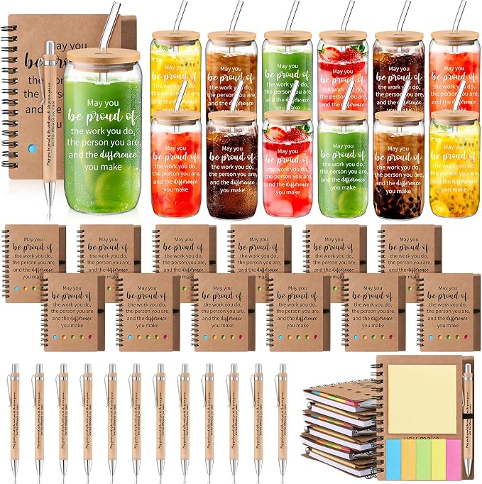 Skylety 12 Sets Teachers Appreciation Gifts Bulk May You Be Proud of The Work You Do 16 oz Glass Cups with Lids Straws Notebooks Pens for Nurse Employee Team Staff Coworker