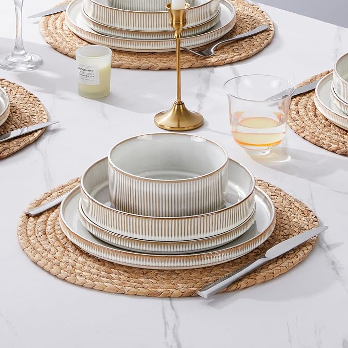 E-far 16 Piece Dinnerware Sets, Plates and Bowls with Pasta Bowls Service for 4, Modern Stoneware Ribbed Dishes for Kitchen Dining, Microwave & Dishwasher Safe, Creamy Beige