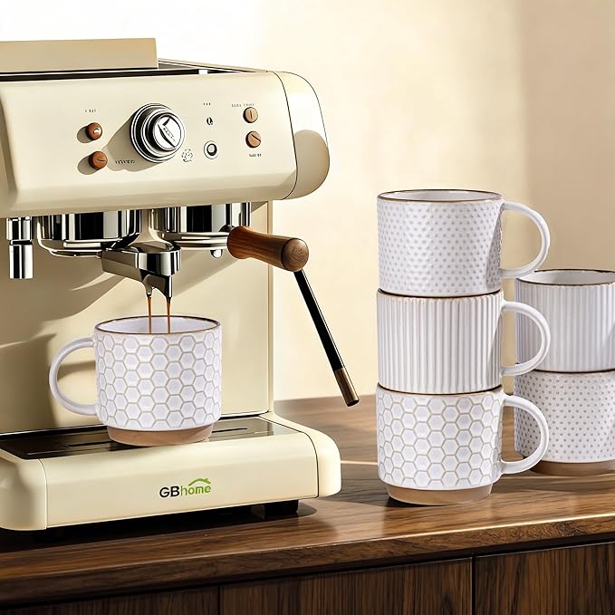 GBHOME 12OZ Stackable Coffee Mugs, Ceramic Coffee Mugs with Texture Patterns for Man,Woman,Dad,Mom, Modern Coffee Mugs Set of 4 for Latte/Cappuccino/Cocoa. Dishwasher&Microwave Safe, Off White