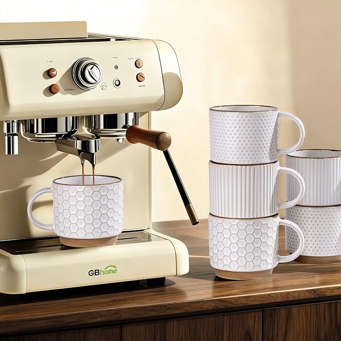 GBhome 15OZ Stackable Coffee Mugs, Ceramic Coffee Mugs with Texture Patterns for Man,Woman,Dad,Mom, Modern Coffee Mugs Set of 4 for Latte/Cappuccino/Cocoa. Dishwasher&Microwave Safe, Off White