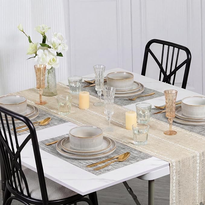 E-far Stoneware Dinnerware Sets for 2, 6-Piece Plates and Bowls Sets, Chip & Scratch Resistant Ribbed Dish Set for Home Restaurant, Microwave & Dishwasher Safe, Creamy Beige