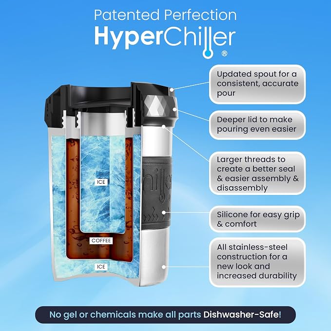 The Original but NEW Stainless-Steel HyperChiller HC2SS Patented Iced Coffee/Beverage Cooler Ready in One Minute, Reusable for Iced Tea, Wine, Spirits, Alcohol, Juice, 12.5 oz, Stainless Steel