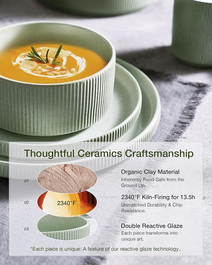 Famiware Star 24-Piece Stoneware Dinnerware Sets for 6 - Shallow Pasta Bowls & Flat Plates, Modern Rustic Reactive Glaze Dishes, Chip & Scratch Resistant, Microwave & Dishwasher Safe, Matte Sage Green