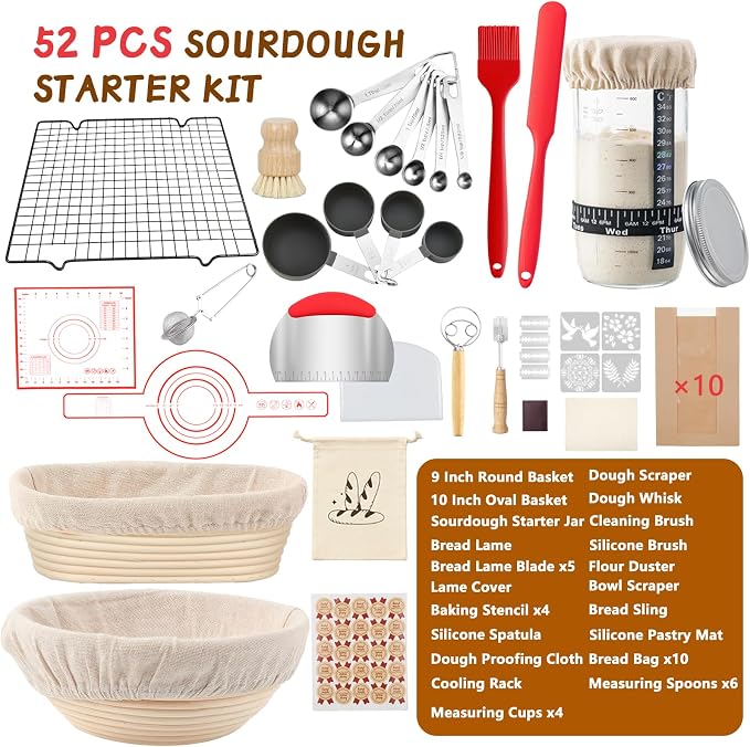 52 Pcs Sourdough Starter Kit, Sourdough Bread Baking Supplies with 9" Round & 10" Oval Banneton Bread Proofing Basket, Cooling Rack, Sour Dough Starter Jar, Bread Making Kit Gifts for Women Wife Mom