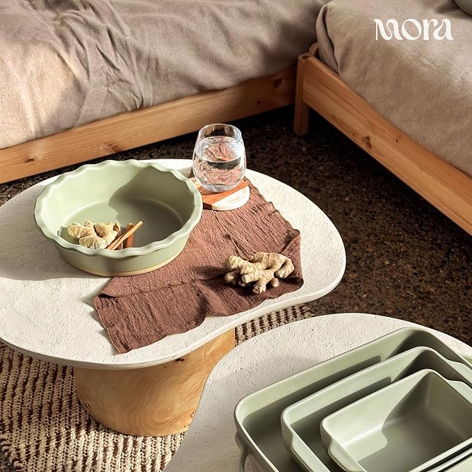 MORA Ceramic Pie Pan for Baking - 9 inch - Deep and Fluted Pie Dish for Old Fashion Apple Pie, Quiche, Pot Pies, Tart, etc - Modern Farmhouse Style Porcelain Ceramic Pie Plate - Thyme
