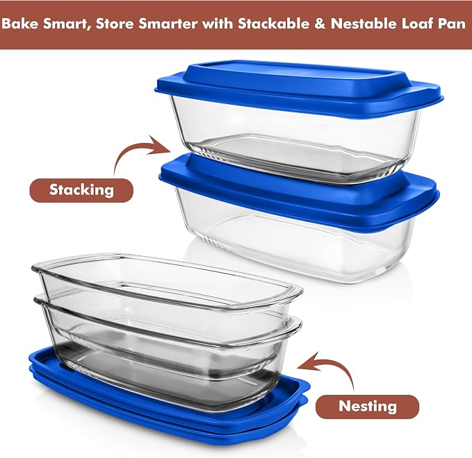 Razab LARGE 7.6 Cups/1800 ML/1.9 Qt Glass Loaf Pan with Lids (Set of 2) - Meatloaf Pan BPA free Airtight Lids Grip Handle Easy Carry, Microwave and Oven Safe - Loaf Pans For Baking Bread, Cakes
