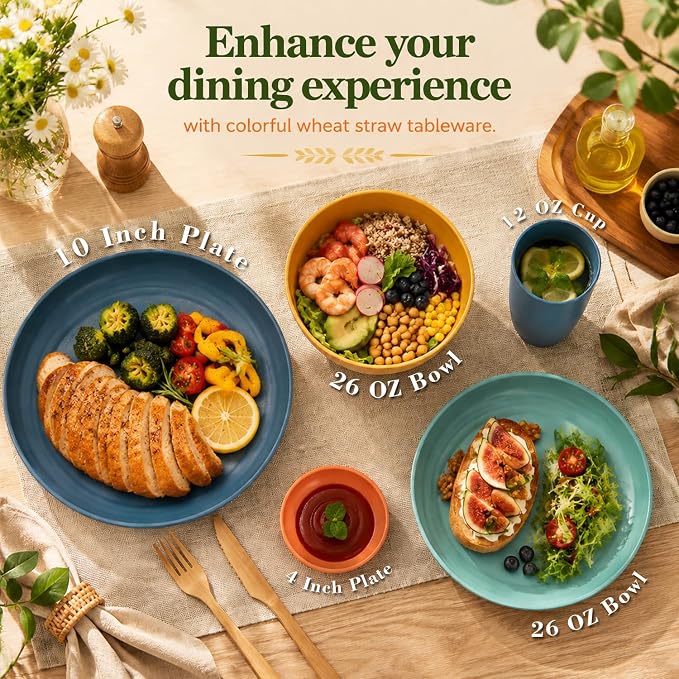 Wrova Plates and Bowls Sets 40-Piece, Unbreakable Wheat Straw Dinnerware Sets for 8, Lightweight Dishware Sets Microwave Safe- Deep Plates/Cereal Bowls/Cups Set/Soy Sauce Dish for Kitchen,RV- Colorful