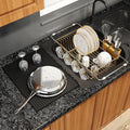 MAJALiS Gold Dish Drying Rack Over The Sink with Utensil Holder, Mat | Expandable Stainless Steel Dish Drainer for Small Kitchen, Apartment, RV, Counter Space Saving, Perfect Fit, Rustproof
