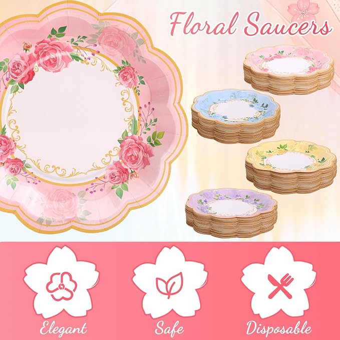 Kochorie 120 Pcs Floral Paper Tea Cups and Saucers 9 Oz Disposable Teacups Bulk with Handle 4 Styles Flower Tea Party Decorations for Birthday Wedding Garden Party Baby Shower Serve 60 Guests