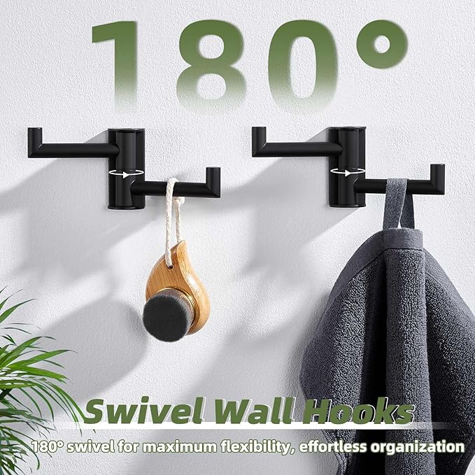 APLusee Swivel Towel Hook Matte Black 2 Pack, 304 Stainless Steel Towel Holder Bathroom Robe Hook, Folding Wall Hook Wall Mounted