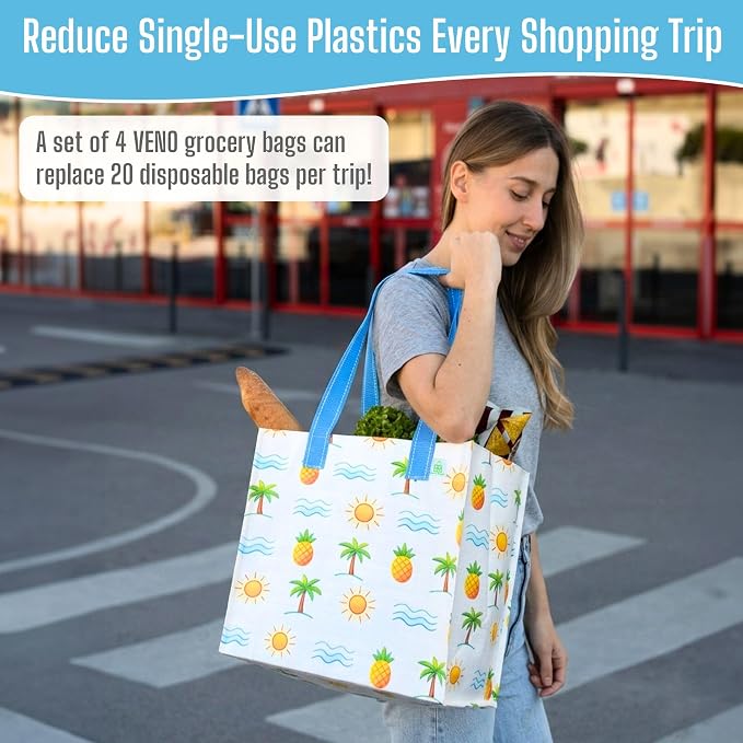 VENO 4 Pack Reusable Grocery Shopping Bags, Heavy-Duty Tote Bags with Handles, for Shopping Cart with Hard Bottom to Stand Upright, Foldable (Tropical Island, 4 Pack)