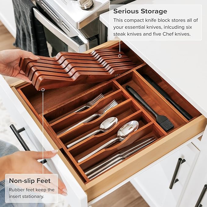 KitchenEdge Acacia Wood Kitchen Knife Block Holder Organizer - Holds 5 Long + 6 Short Knives (Not Included), Fits Most Knife Sizes, Rubber Feet, Premium Food-Safe Finish, In-Drawer Design (Pack of 2)